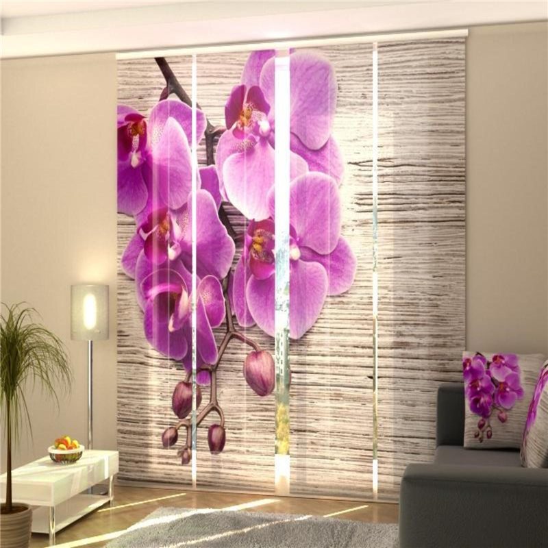 Set di 4 Tende a Pannello Orchidee e Strass su Seta Beige 2