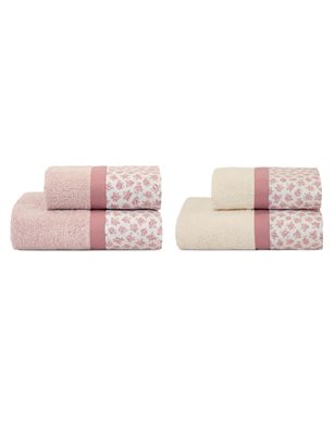 Set Asciugamani Bagno 2+2 Bianco-Rosa Bordo Rigato 100% spugna di cotone