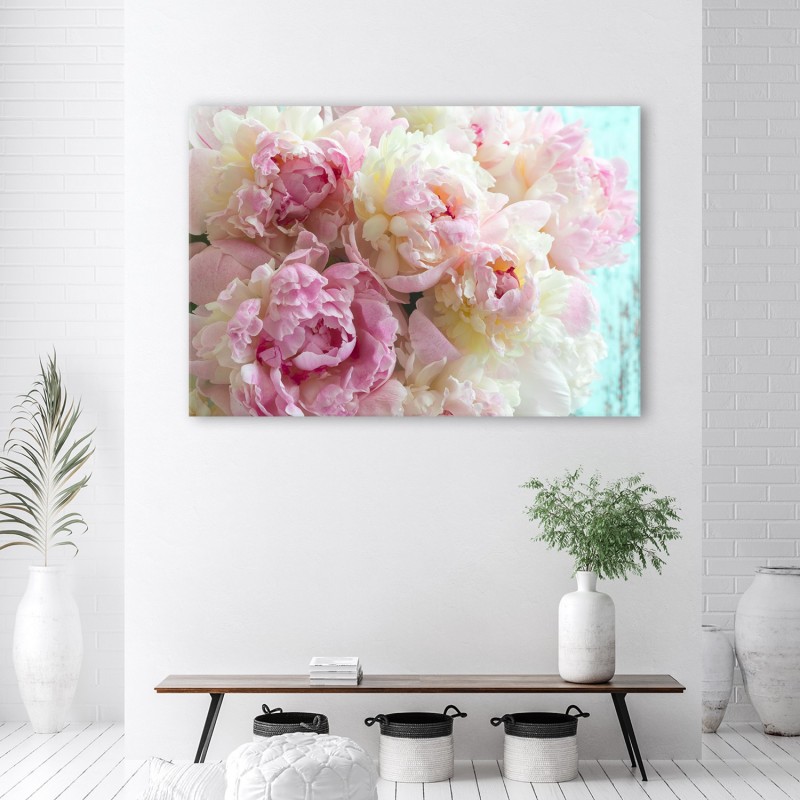 Quadro floreale moderno bianco con cornice arredamento fiori PEONIA 50x50