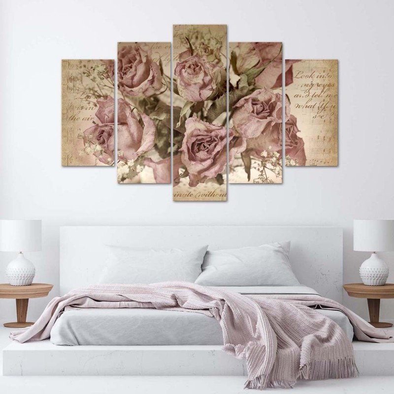 Quadri Quadro 5 pezzi Stampa su tela Fiori di rose rosa