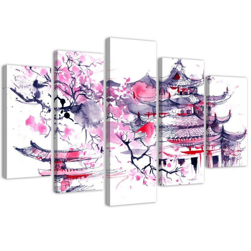 Quadri Quadro 5 pezzi Stampa su tela Paesaggio rosa giapponese