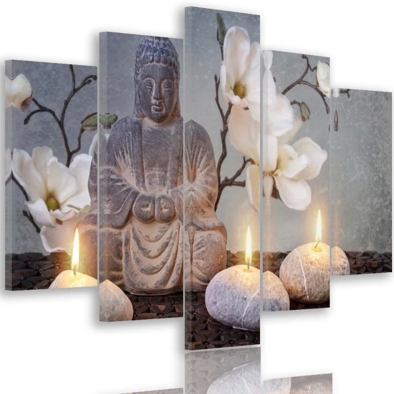Quadri Quadro 5 pezzi Stampa su tela Pietra di fiori grigi di Buddha