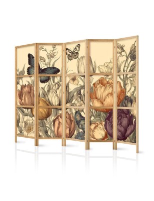 Paravento giapponese - Tulips in Cream - Illustration of Flowers and Butterflies on a Light Background