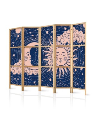 Paravento giapponese - Cosmic Harmony - Illustration of the Sun and Moon on a Navy Background