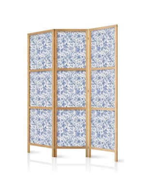 Paravento giapponese - Illustration in Vintage Style - Blue Flowers on a White Background