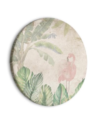 Quadro rotondo - Birds wading among exotic flora - Flamingos amidst lush tropical vegetation in soft pastel shades of gr