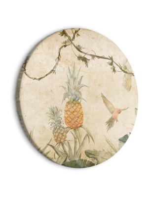 Quadro rotondo - Tropics in muted colors - Parrots and pineapples amidst lush exotic flora in soft shades of green/Parro