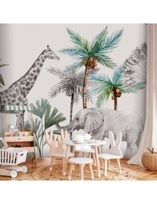 Carta da parati - Jungle Animals Wallpaper for Childrens Room in Cartoon Style