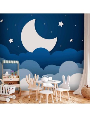 Carta da parati - Moon dream - clouds on a dark blue sky with stars for children